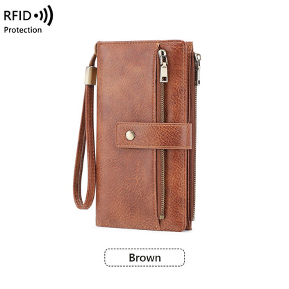 Women's RFID Blocking Long Trifold Leather Wallet with Wristlet