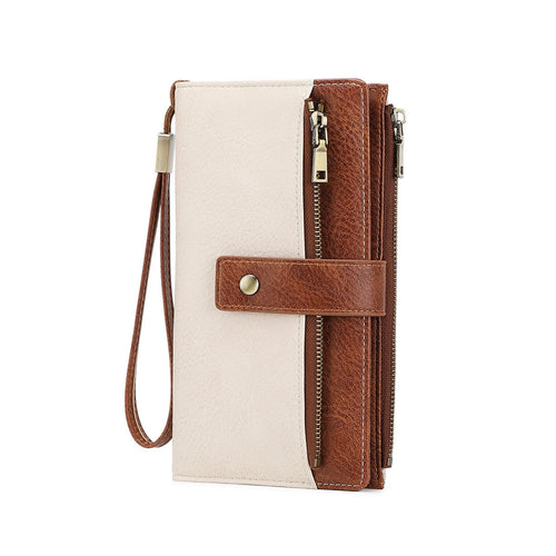 Women's RFID Blocking Long Trifold Leather Wallet with Wristlet