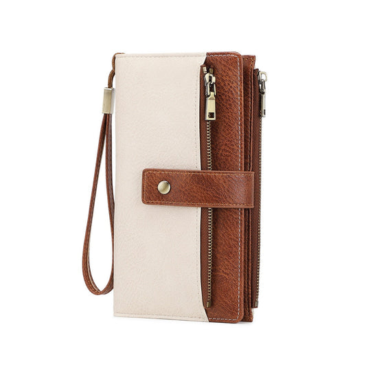 Women's RFID Blocking Long Trifold Leather Wallet with Wristlet