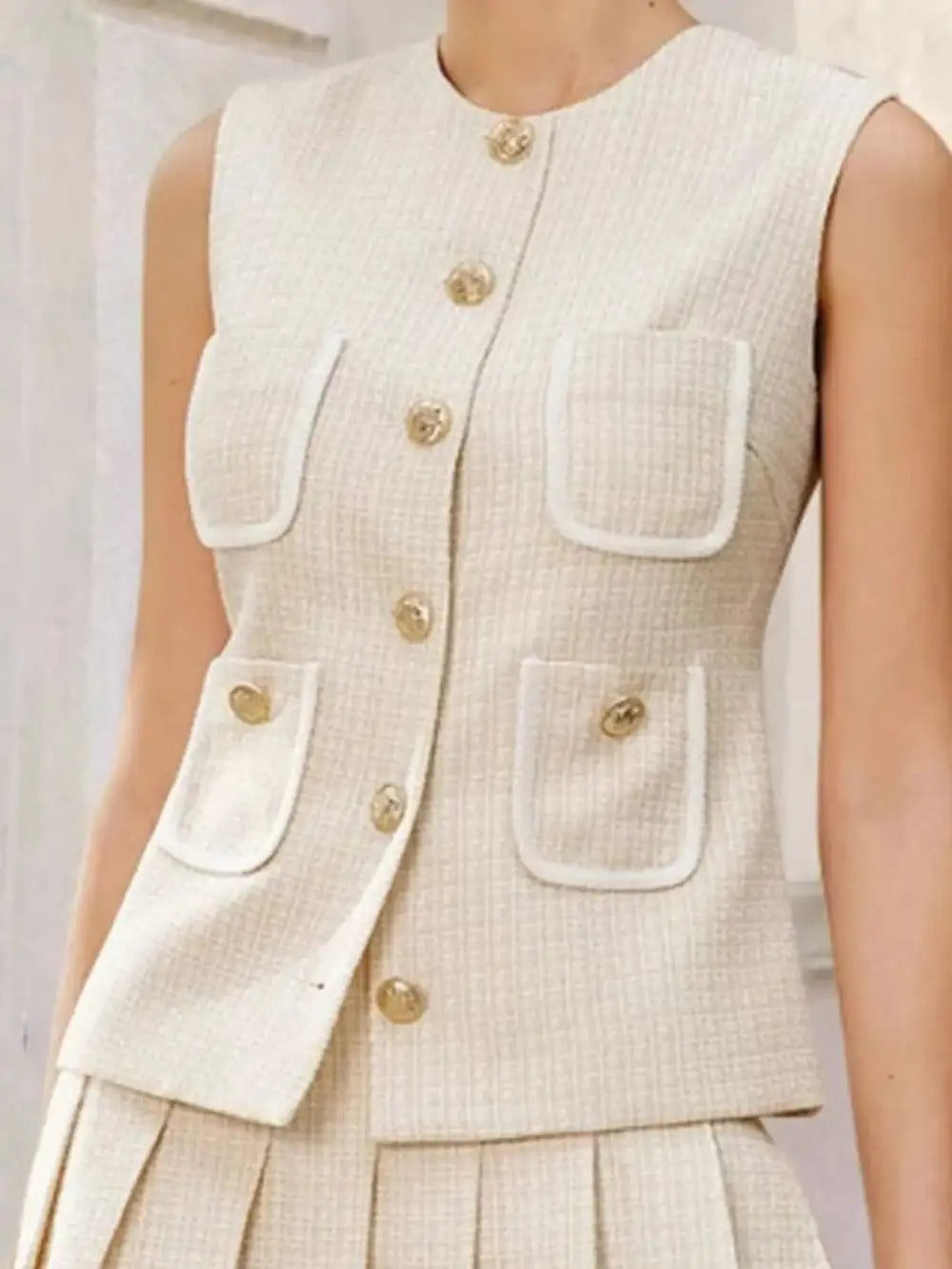 Chic Button Front Pleated Detail Coordinated Set