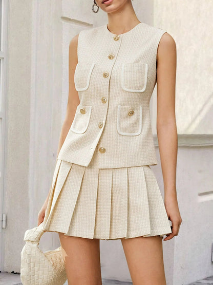 Chic Button Front Pleated Detail Coordinated Set